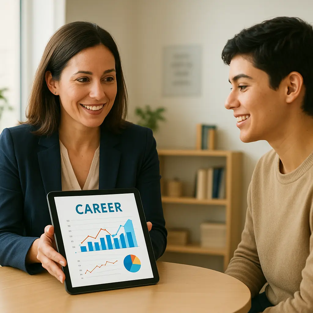 Career counselor showing digital tablet with charts